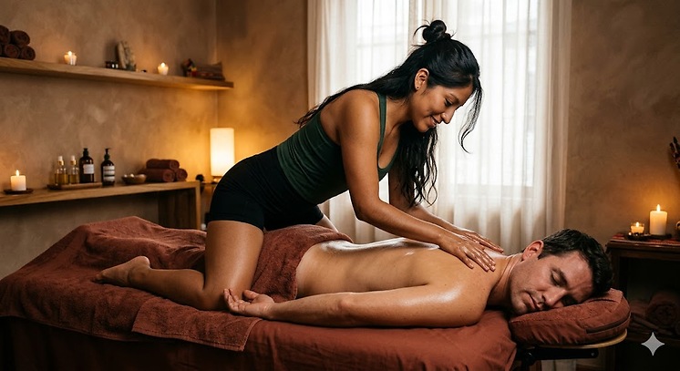 Kinesióloga peruana realizando un masaje cuerpo a cuerpo body to body