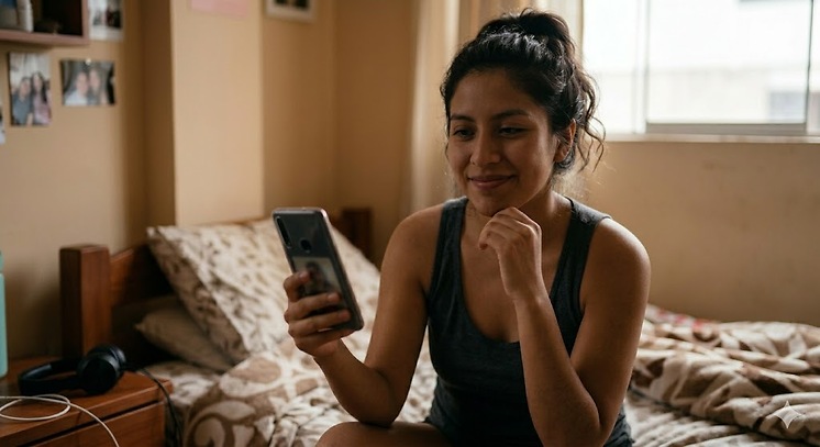 Chica atractiva con smartphone lista para una sesión de sexo virtual en Perú